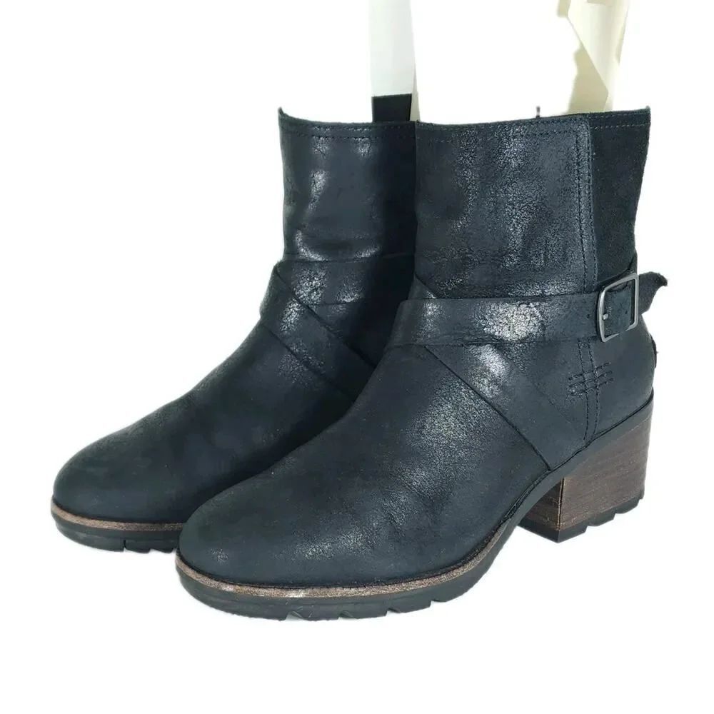 Sorel Women’s Cate US7 Black Leather Waterproof Side Zip Strappy Ankle Boots